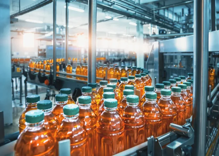 Conveyor belt, juice in bottles