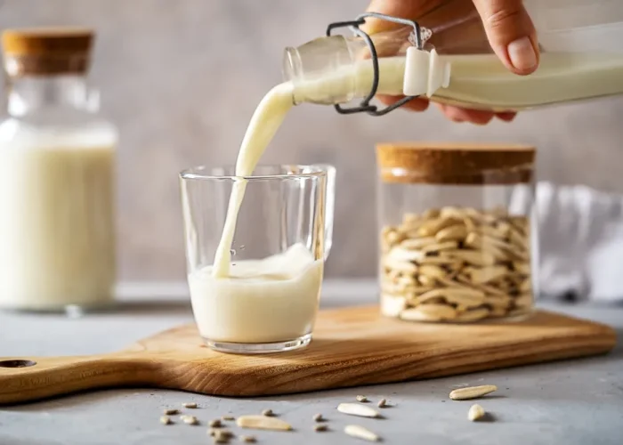 Sunflower,Milk,Is,Pouring,To,Glass,Mug,From,Bottle,,Raw